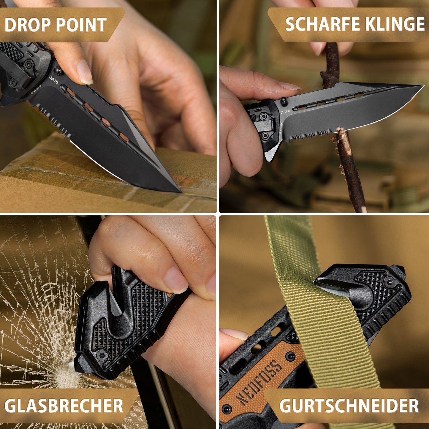 NedFoss DA76 Profi Rettungsmesser, 10cm Klappmesser mit Gurtschneider & Glasbrecher, Taschenmesser mit Liner Lock & Kugellager, Einhandmesser für Auto, Outdoor-Notfallmesser mit Gürtelclip