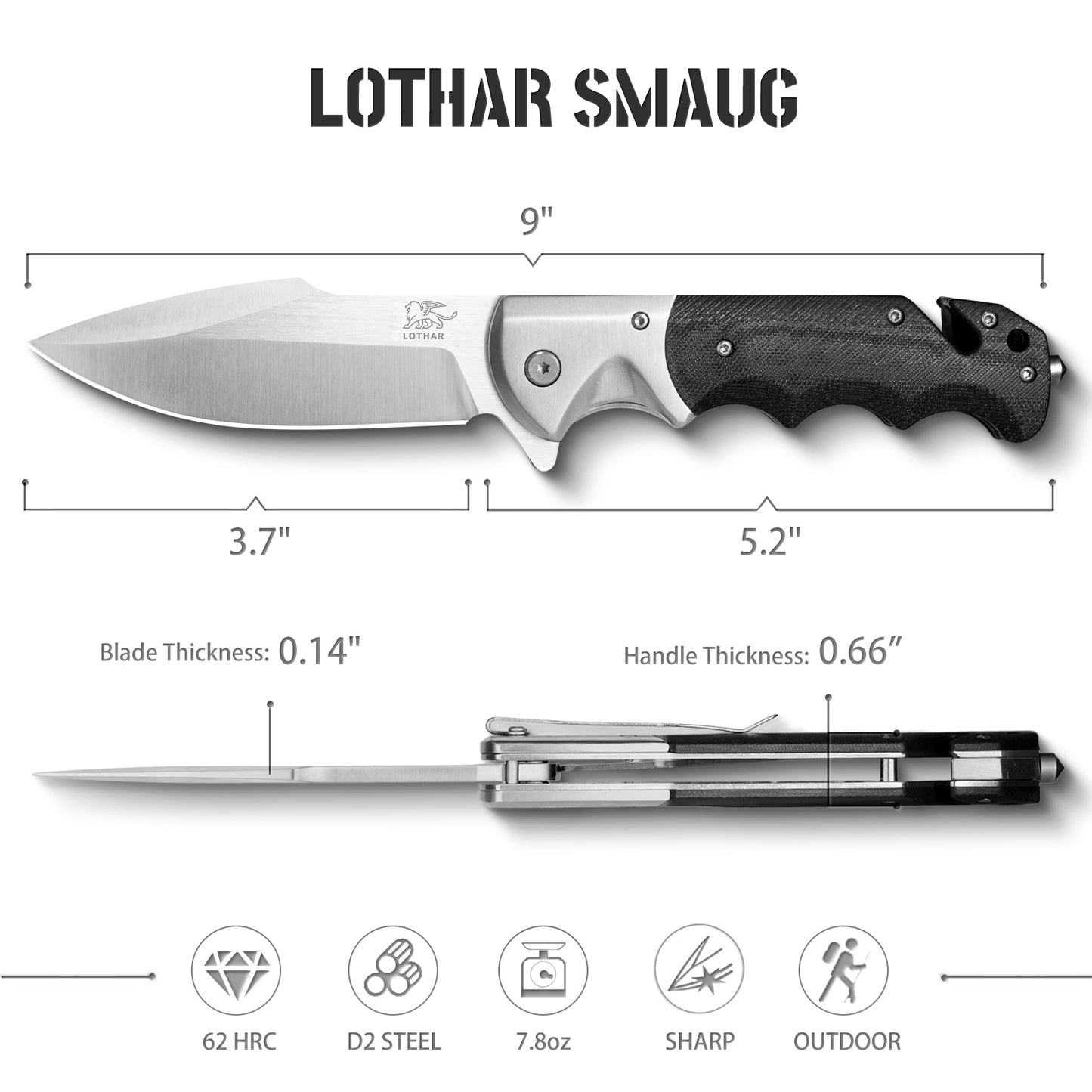 LOTHAR SMAUG Rettungsmesser, 9.4CM Klappmesser aus D2 Stahl mit Glasbrecher & Gurtschneider, G10 Griff Einhandmesser mit Clip, Robustes Outdoor Messer, Rescue Messer für Camping, Jagd, Notfälle