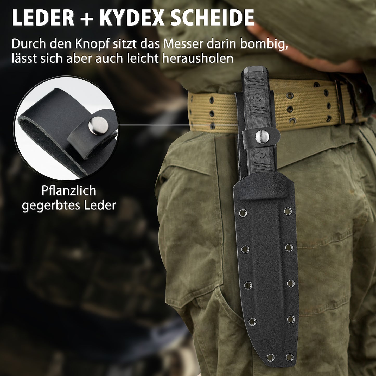 NedFoss BRAVE Bowiemesser, 17.2CM D2 Stahl Full Tang Outdoor Messer mit G10 Griff & Kydex Scheide, Survival Messer mit Titanium