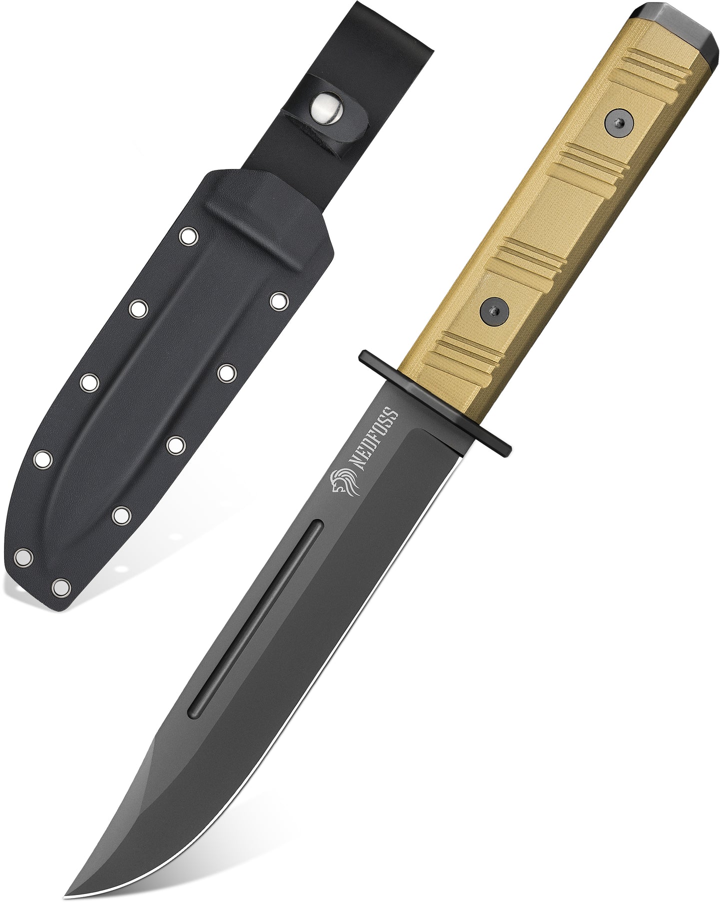 NedFoss BRAVE Bowiemesser, 17.2cm D2 Stahl FULL TANG Outdoor Messer mit G10 Griff & Kydex Scheide, Survival Messer mit Titanium