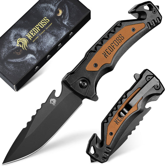 NedFoss DA169 Klappmesser, 9.5 CM Taschenmesser mit Gurtschneider & Glasbrecher & Flaschenöffner, Einhandmesser mit Liner Lock & Kugellager, Rettungsmesser für Auto, Survival Rescue messer Outdoor