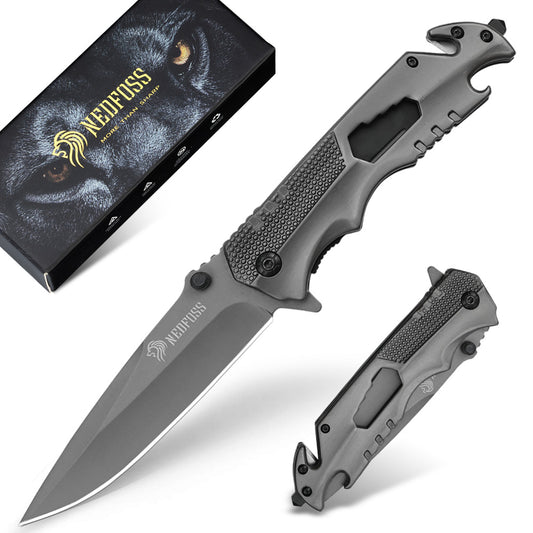 NedFoss FA48 Klappmesser,  4-in-1 Outdoor Taschenmesser, Survival  Einhandmesser, Scharfes Rettungsmessermit Flascheöffner, Gurtschneider und Glasbrecher