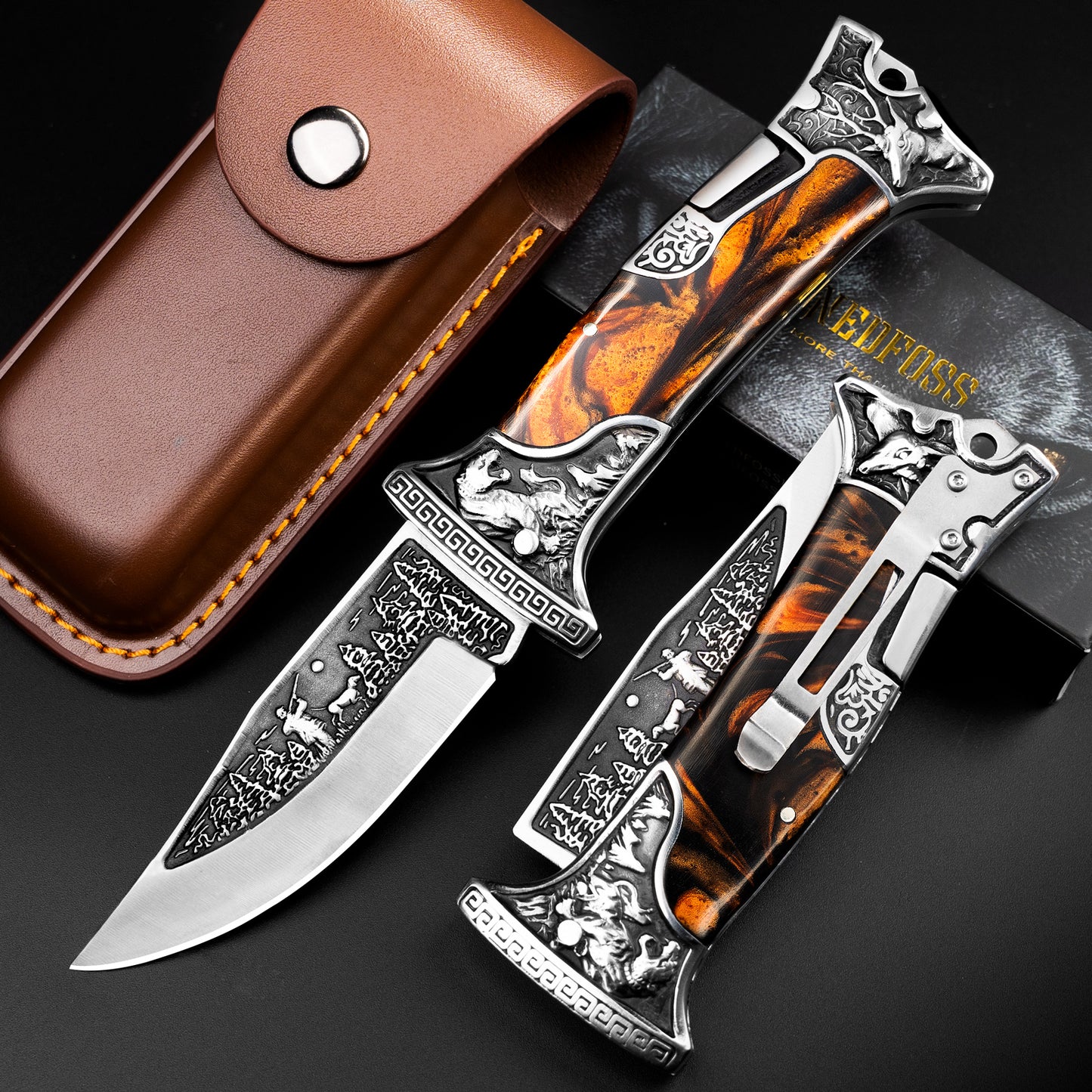Nedfoss TIGER ROAR Zweihand- Klappmesser, TIGER  ROAR Taschenmesser mit Gürtelclip, EDC Messer mit Back Lock, Outdoormesser& Jagd klappmesser in schönes Design, scharf
