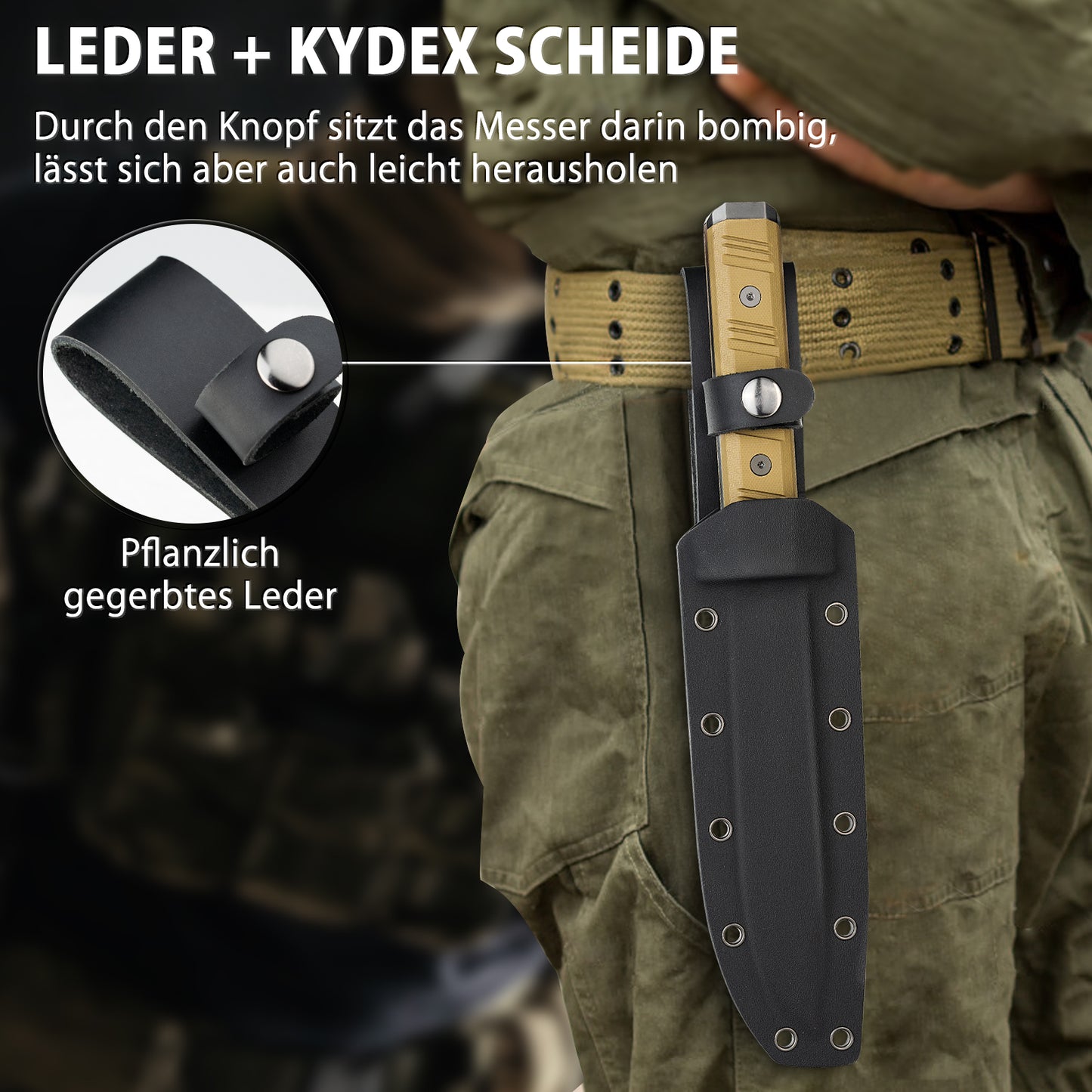 NedFoss BRAVE Bowiemesser, 17.2cm D2 Stahl FULL TANG Outdoor Messer mit G10 Griff & Kydex Scheide, Survival Messer mit Titanium