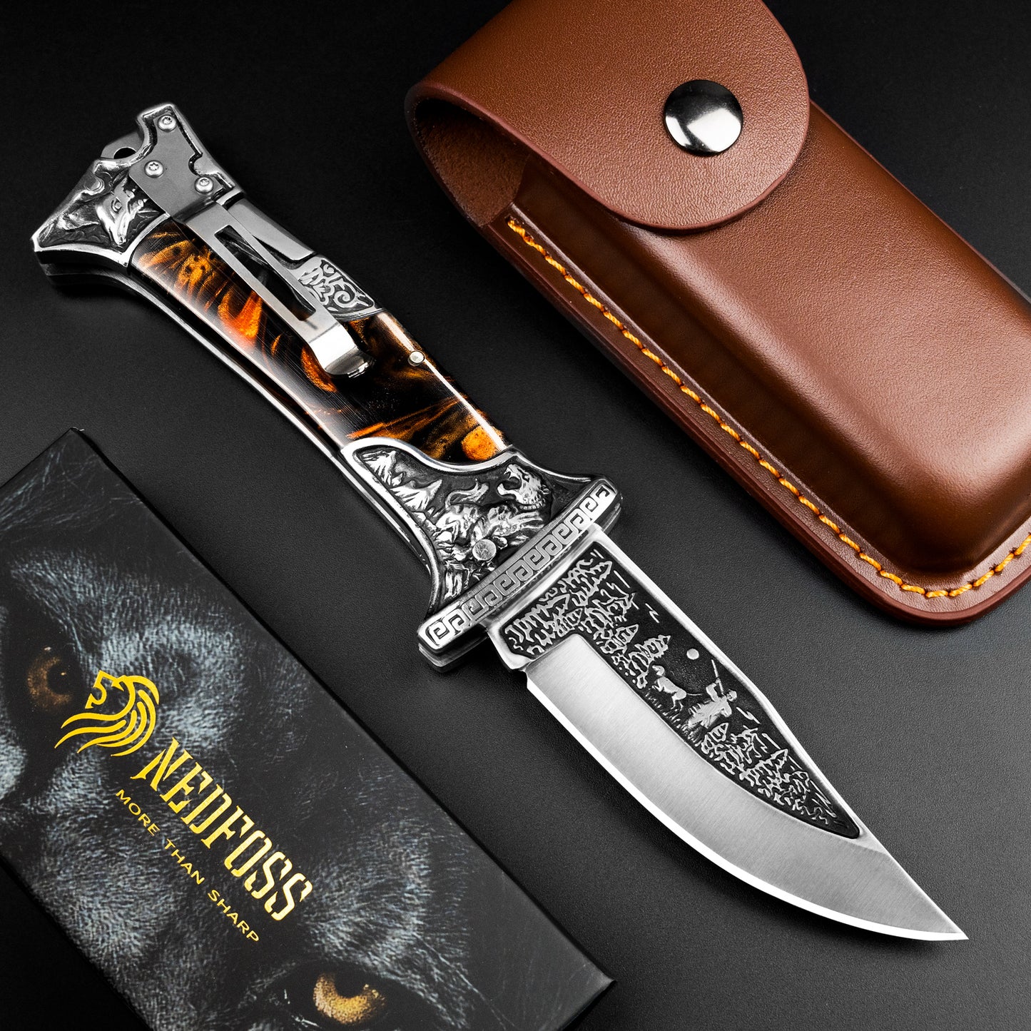 Nedfoss TIGER ROAR Zweihand- Klappmesser, TIGER  ROAR Taschenmesser mit Gürtelclip, EDC Messer mit Back Lock, Outdoormesser& Jagd klappmesser in schönes Design, scharf