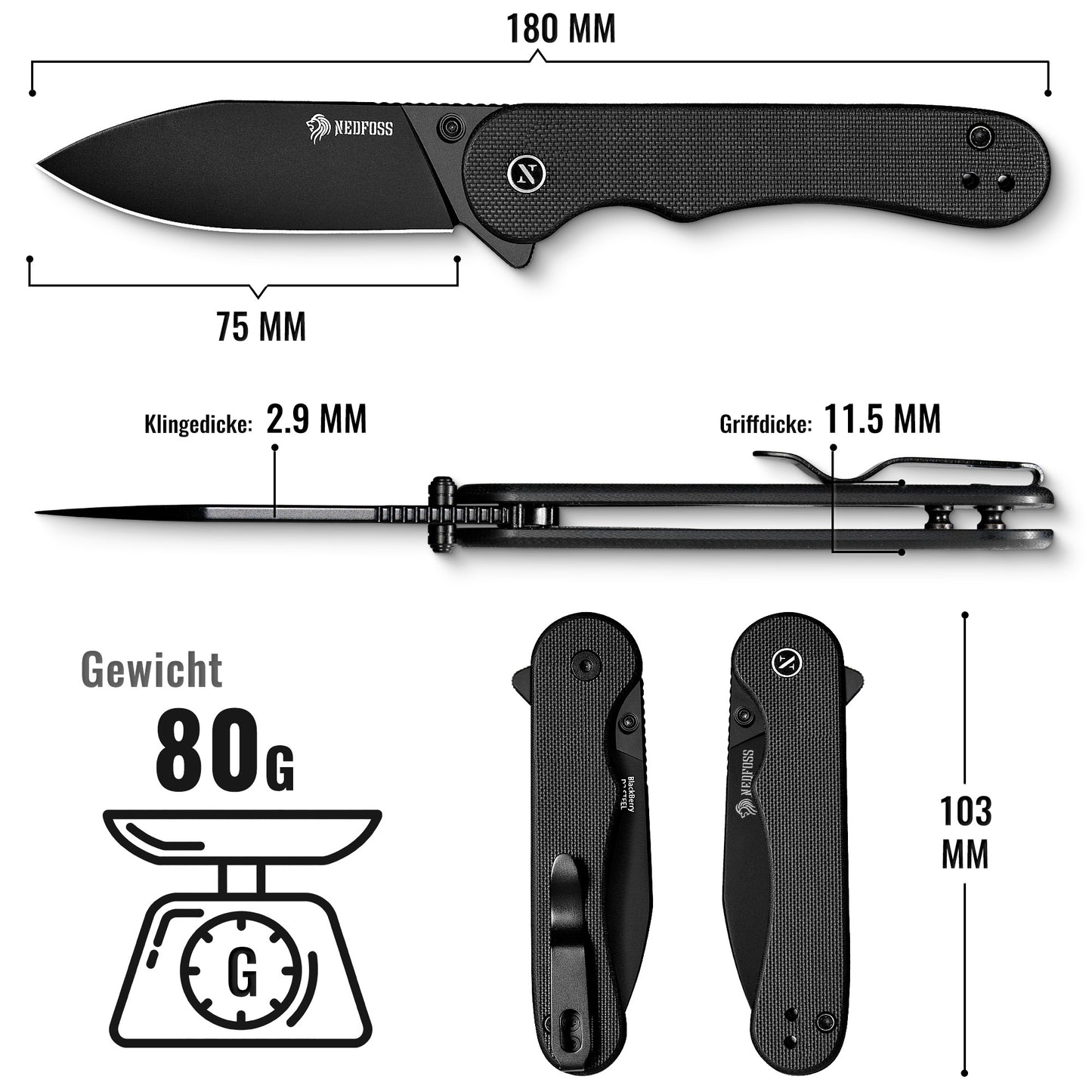 NedFoss BLACKBERRY Einhandmesser, D2 Stahl Slipjoint Klappmesser mit G10 Griff, Legales Taschenmesser 42a konform, EDC Messer für den Alltag, Sammlung & Geschenk