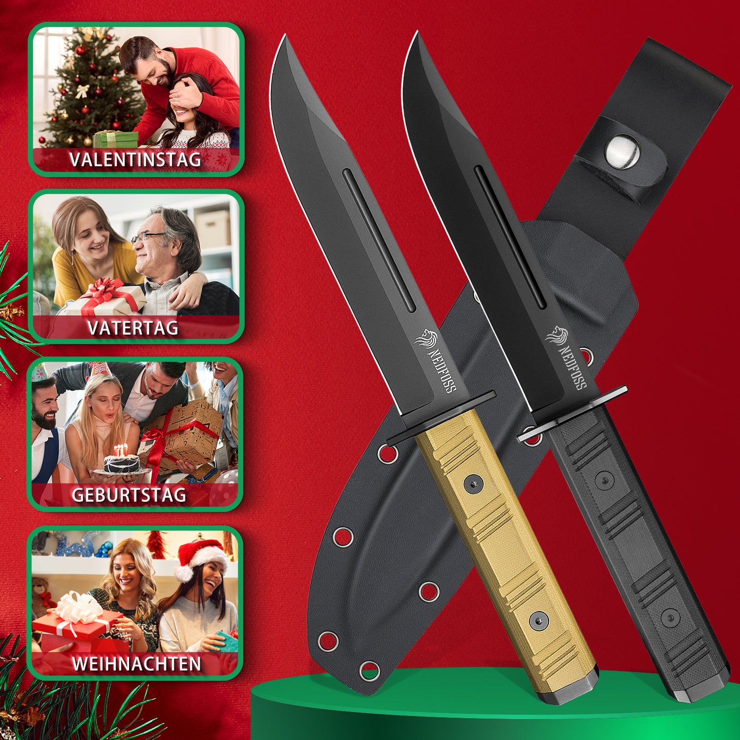 NedFoss BRAVE Bowiemesser, 17.2CM D2 Stahl Full Tang Outdoor Messer mit G10 Griff & Kydex Scheide, Survival Messer mit Titanium