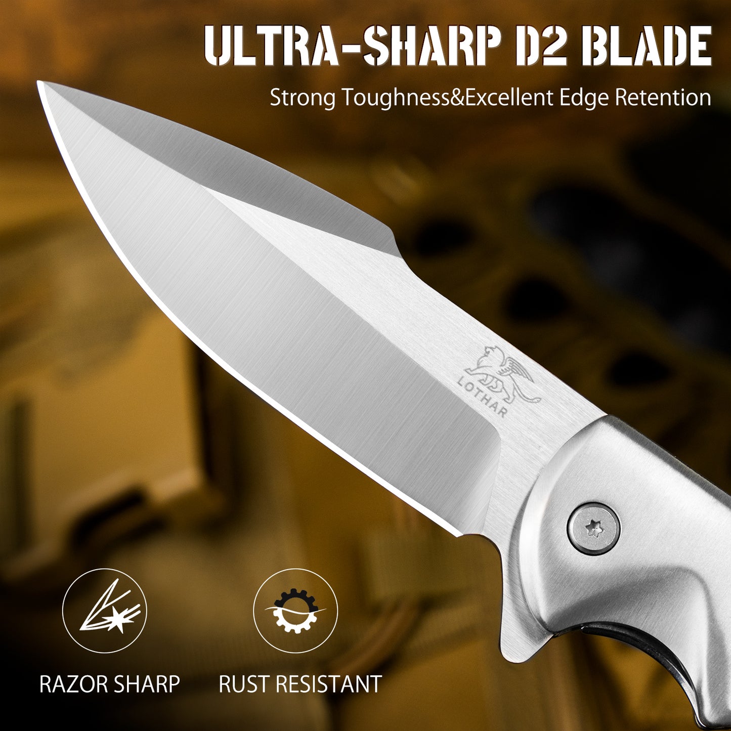 LOTHAR SMAUG Rettungsmesser, 9.4CM Klappmesser aus D2 Stahl mit Glasbrecher & Gurtschneider, G10 Griff Einhandmesser mit Clip, Robustes Outdoor Messer, Rescue Messer für Camping, Jagd, Notfälle
