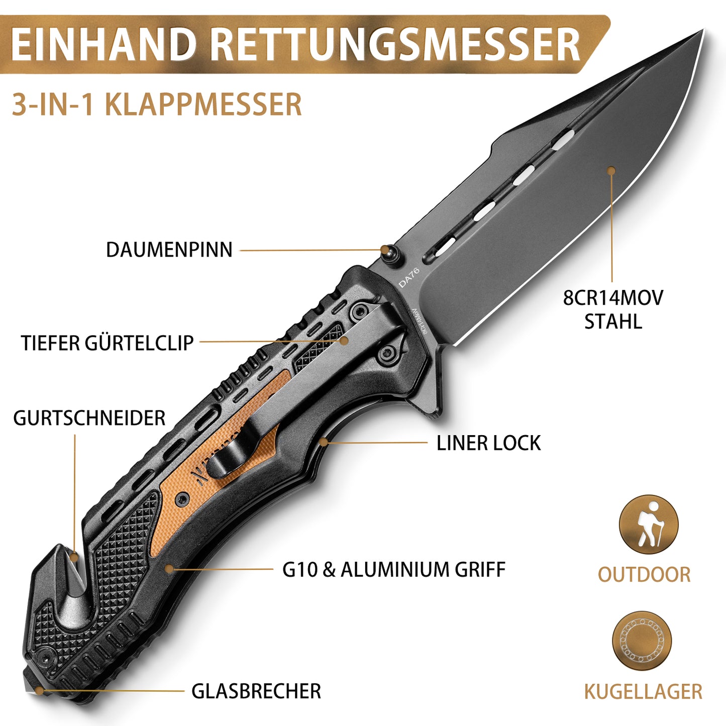 NedFoss DA76 Profi Rettungsmesser, 10cm Klappmesser mit Gurtschneider & Glasbrecher, Taschenmesser mit Liner Lock & Kugellager, Einhandmesser für Auto, Outdoor-Notfallmesser mit Gürtelclip