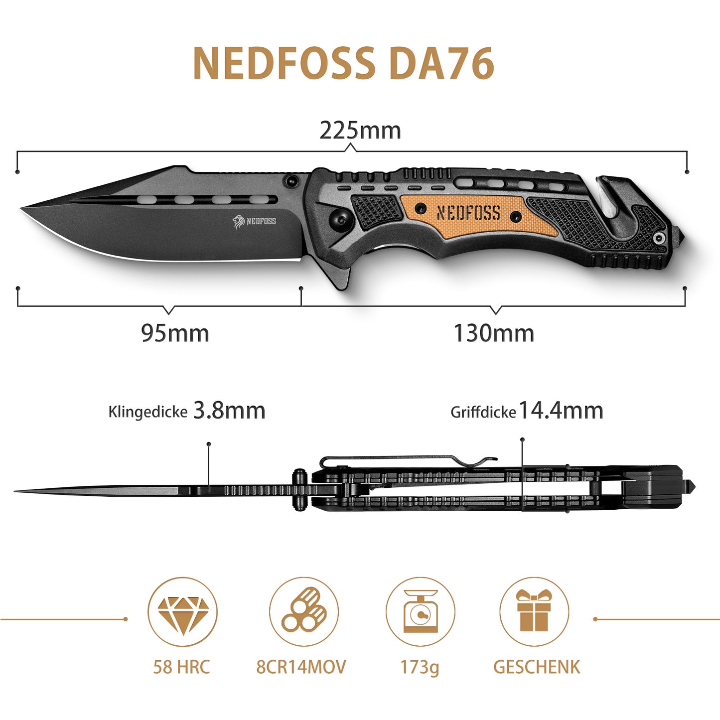 NedFoss DA76 Profi Rettungsmesser, 10cm Klappmesser mit Gurtschneider & Glasbrecher, Taschenmesser mit Liner Lock & Kugellager, Einhandmesser für Auto, Outdoor-Notfallmesser mit Gürtelclip