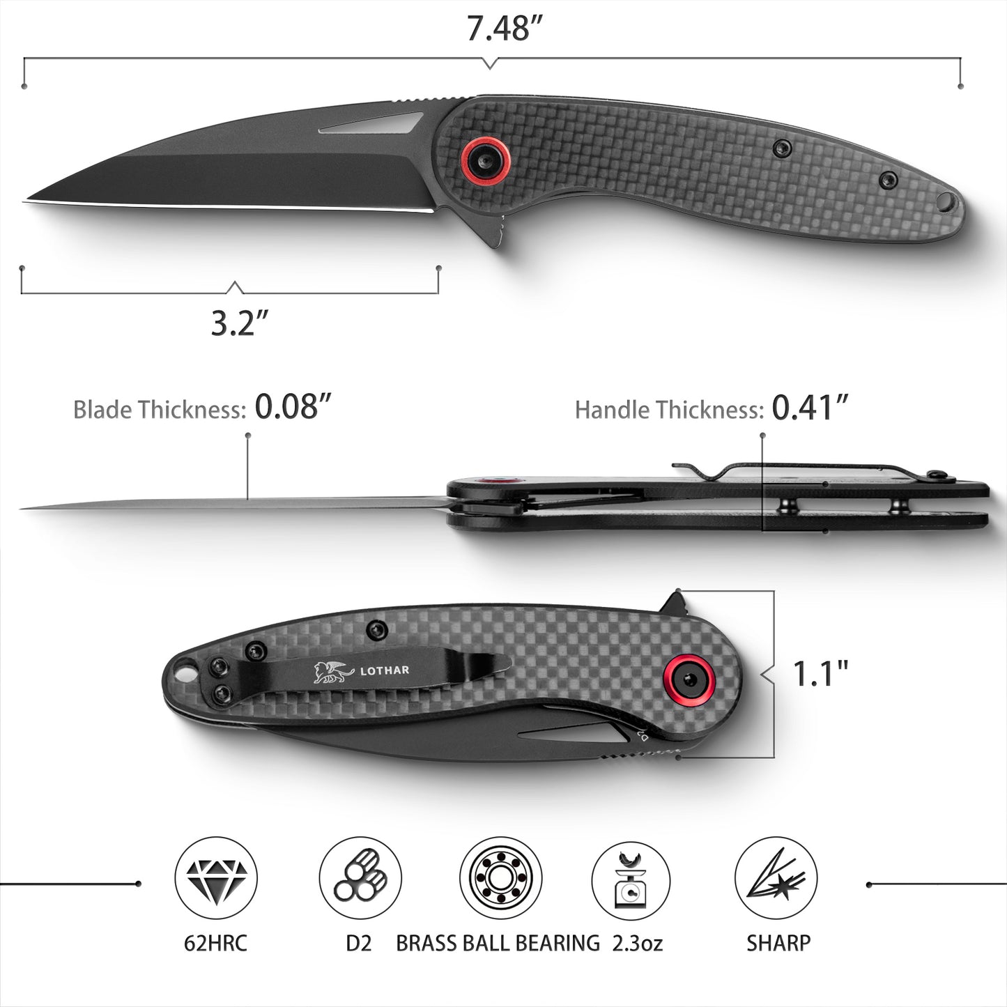LOTHAR Seagull 3" D2 Stahlklinge Liner Lock EDC Messer mit Carbonfasergriff