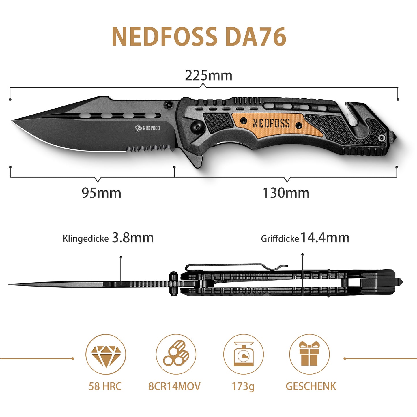 NedFoss DA76 Profi Rettungsmesser, 10cm Klappmesser mit Gurtschneider & Glasbrecher, Taschenmesser mit Liner Lock & Kugellager, Einhandmesser für Auto, Outdoor-Notfallmesser mit Gürtelclip