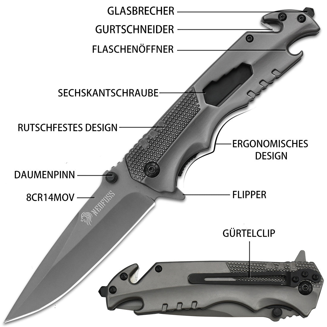 NedFoss FA48 Klappmesser,  4-in-1 Outdoor Taschenmesser, Survival  Einhandmesser, Scharfes Rettungsmessermit Flascheöffner, Gurtschneider und Glasbrecher