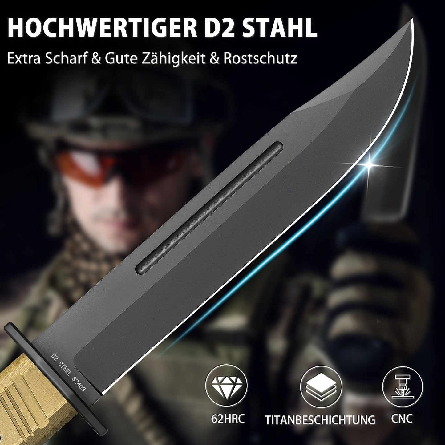 NedFoss BRAVE Bowiemesser, 17.2cm D2 Stahl FULL TANG Outdoor Messer mit G10 Griff & Kydex Scheide, Survival Messer mit Titanium