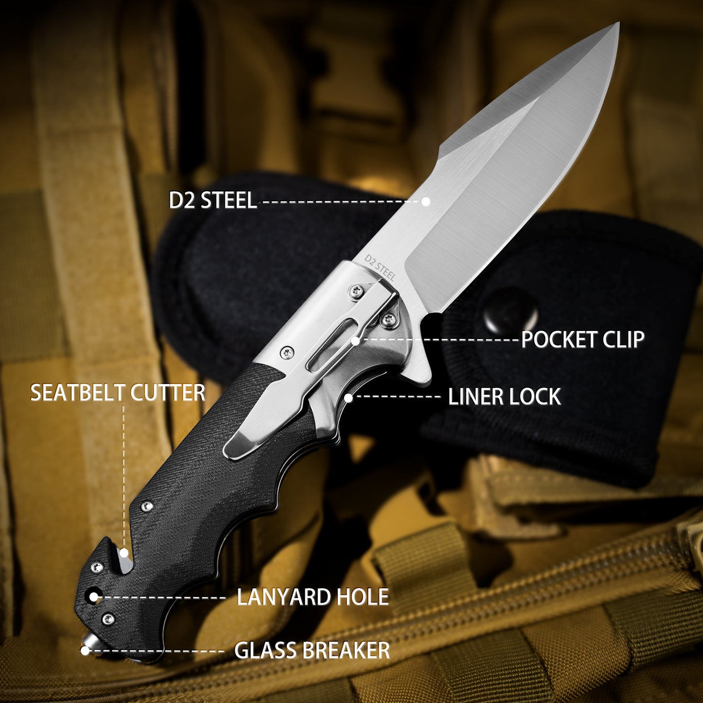 LOTHAR SMAUG Rettungsmesser, 9.4CM Klappmesser aus D2 Stahl mit Glasbrecher & Gurtschneider, G10 Griff Einhandmesser mit Clip, Robustes Outdoor Messer, Rescue Messer für Camping, Jagd, Notfälle