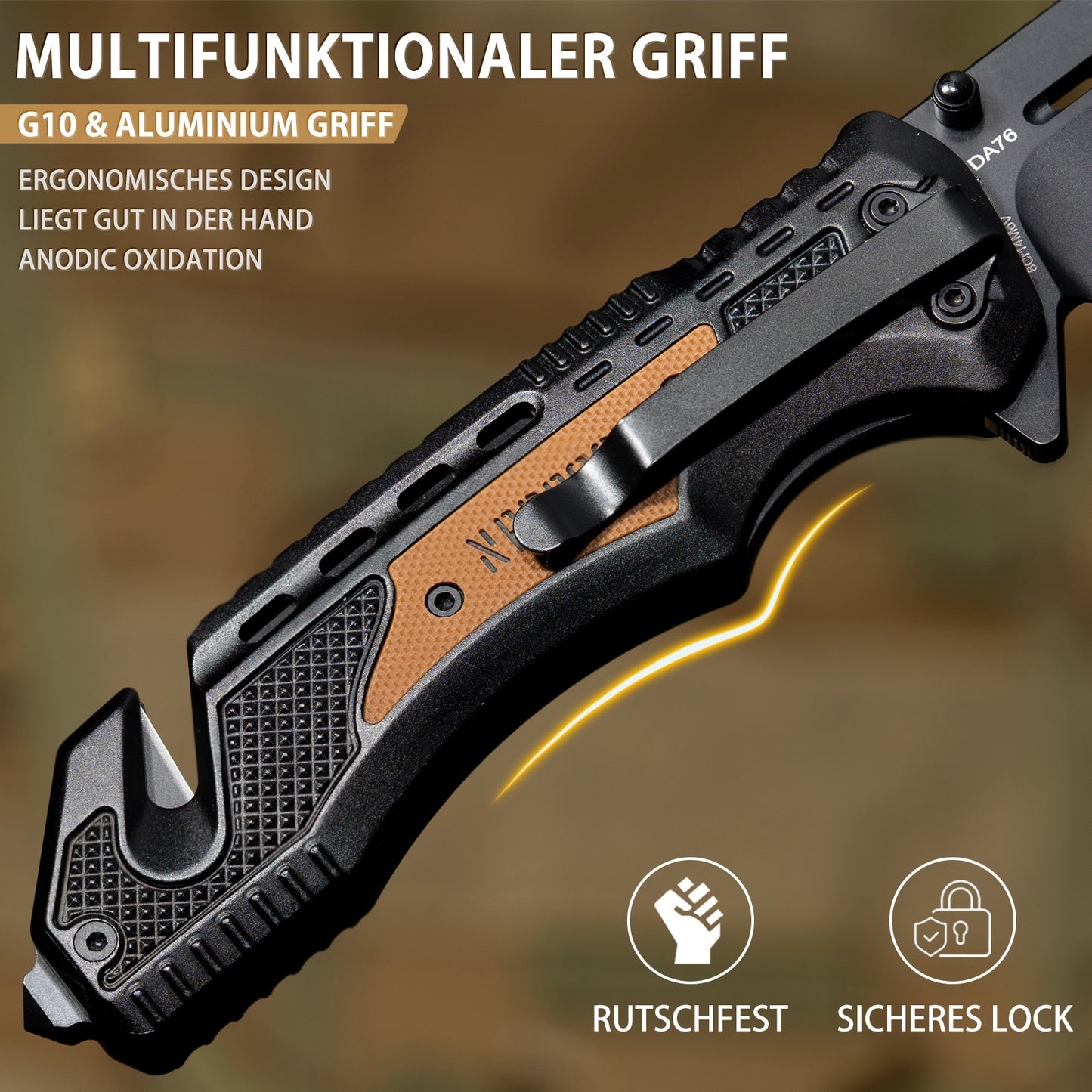 NedFoss DA76 Profi Rettungsmesser, 10cm Klappmesser mit Gurtschneider & Glasbrecher, Taschenmesser mit Liner Lock & Kugellager, Einhandmesser für Auto, Outdoor-Notfallmesser mit Gürtelclip