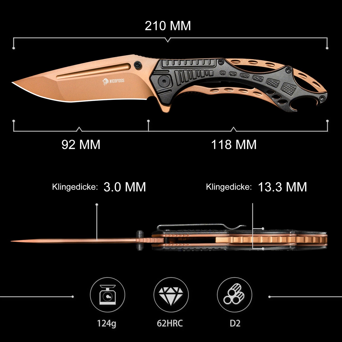 NedFoss Klappmesser, 9cm D2 Stahl Einhandmesser mit Aluminiumgriff, Taschenmesser mit Liner Lock, Outdoor Messer mit Clip, Survival Messer für Sammlung & Geschenk