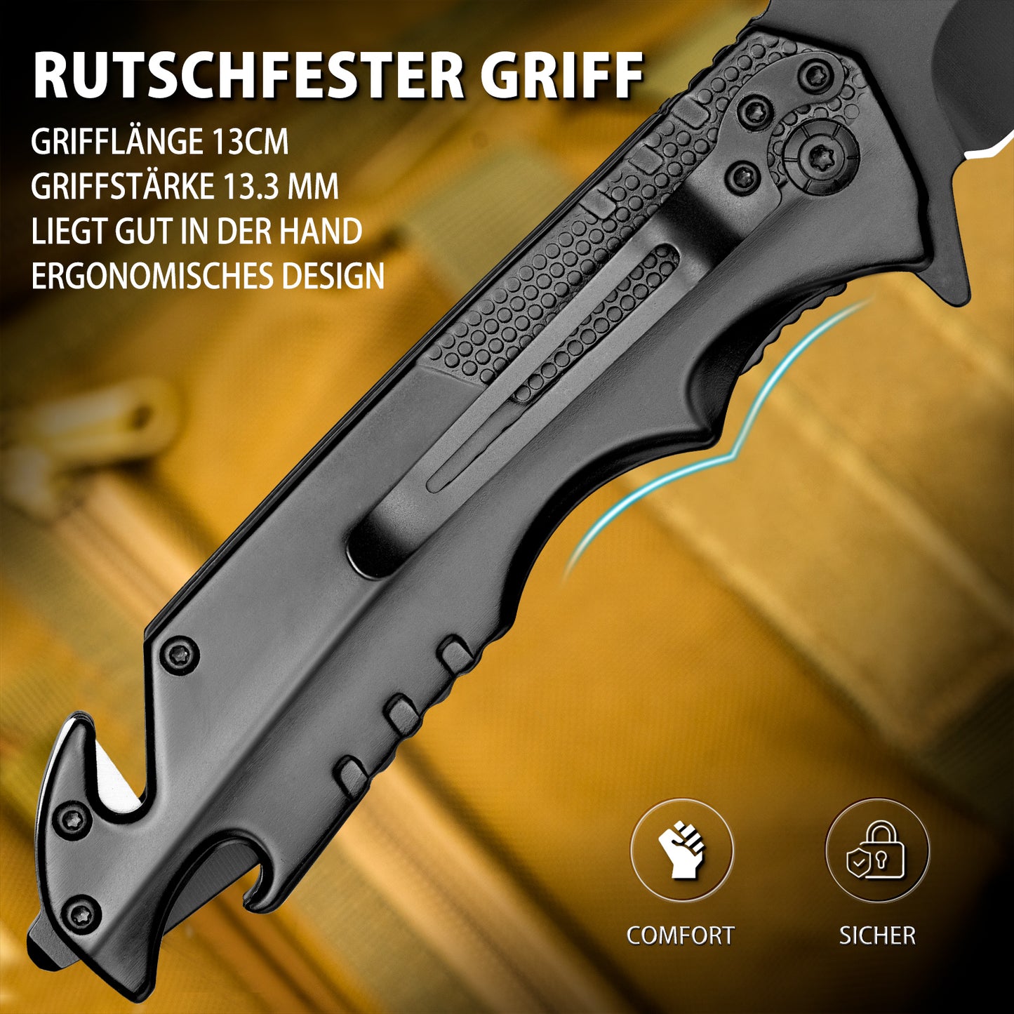 NedFoss FA48 Klappmesser,  4-in-1 Outdoor Taschenmesser, Survival  Einhandmesser, Scharfes Rettungsmessermit Flascheöffner, Gurtschneider und Glasbrecher