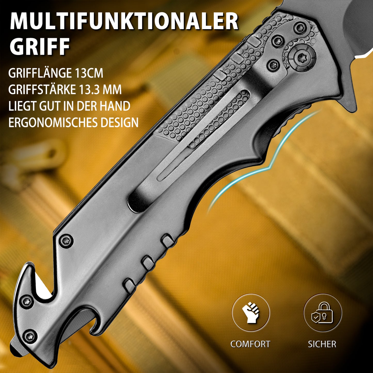 NedFoss FA48 Klappmesser,  4-in-1 Outdoor Taschenmesser, Survival  Einhandmesser, Scharfes Rettungsmessermit Flascheöffner, Gurtschneider und Glasbrecher
