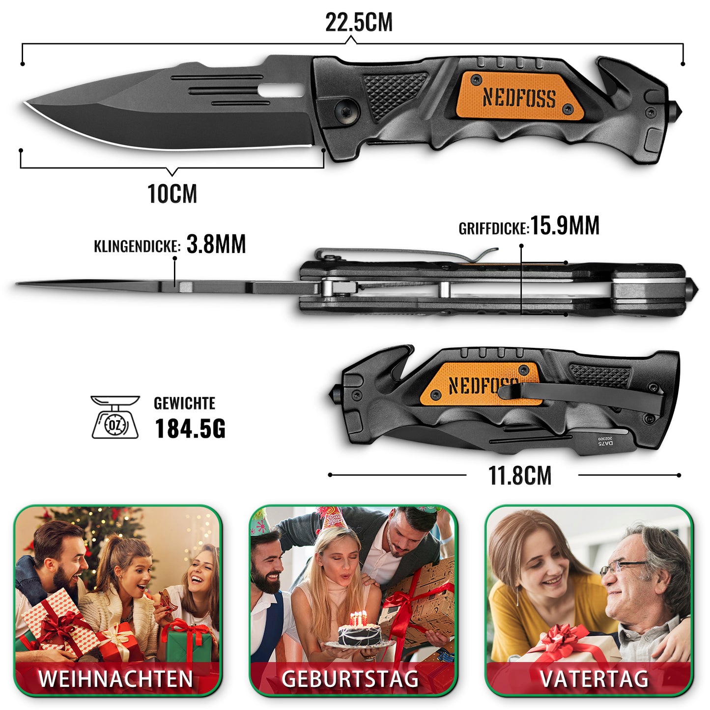 NedFoss DA75 Zweihandmesser, 10CM Taschenmesser mit Gurtschneider & Glasbrecher, Legales Klappmesser mit Liner Lock & Kugellager, Survival Messer Outdoor, Rettungsmesser mit Clip in Geschenk-Box
