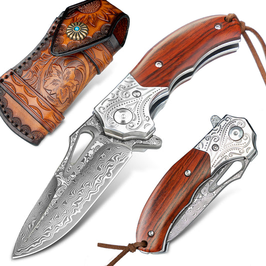 Nedfoss TIGER SHARK Damast Taschenmesser, Damast  Klappmesser mit Scheide, scharfes damast Einhandmesser mit Holzgriff, Vatertagsgeschenk