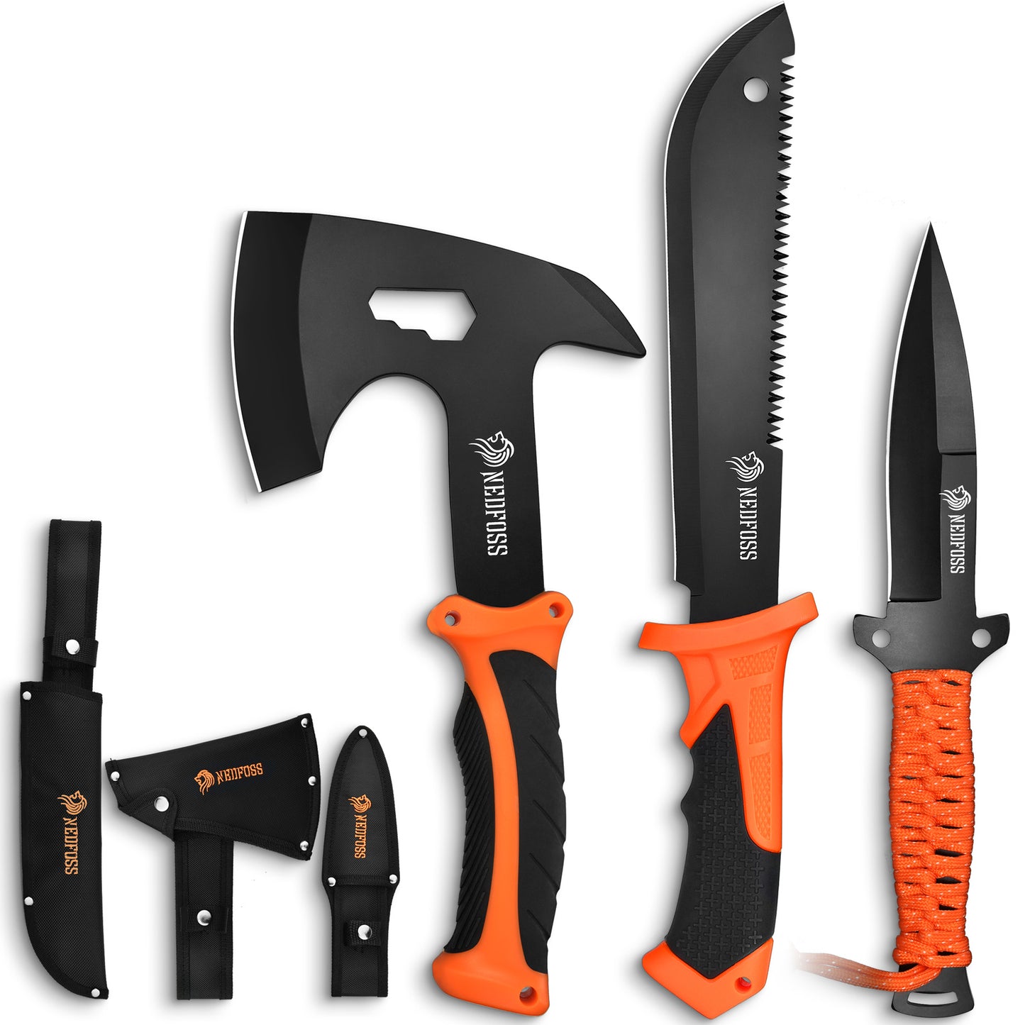 NedFoss JUNGLE AXES SET 3er Survival Outdoor Messer Set,  Camping Messer Set inkl. Camping Axt & Outdoor Messer & Gürtelmesser