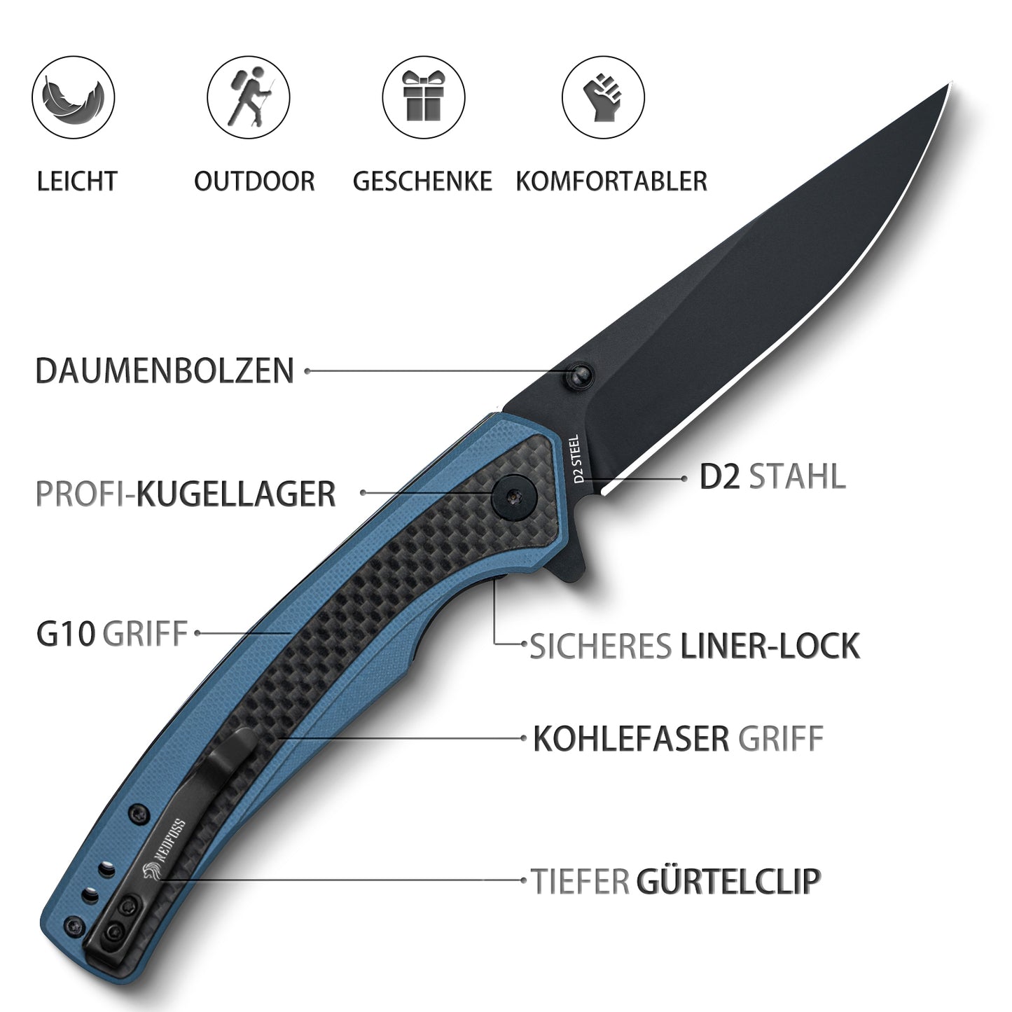 Nedfoss DOLPHIN Klappmesser, 9cm D2 Stahl Taschenmesser, scharf Klappmesser mit Kohlefaser Griff, Einhandmesser  mit Gürtelclip
