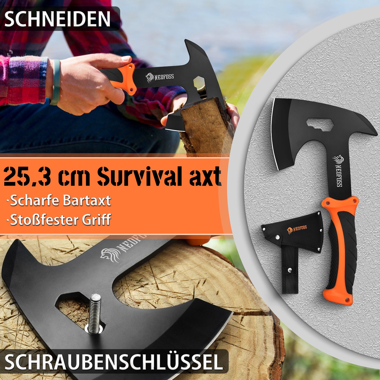 NedFoss JUNGLE AXES SET 3er Survival Outdoor Messer Set,  Camping Messer Set inkl. Camping Axt & Outdoor Messer & Gürtelmesser