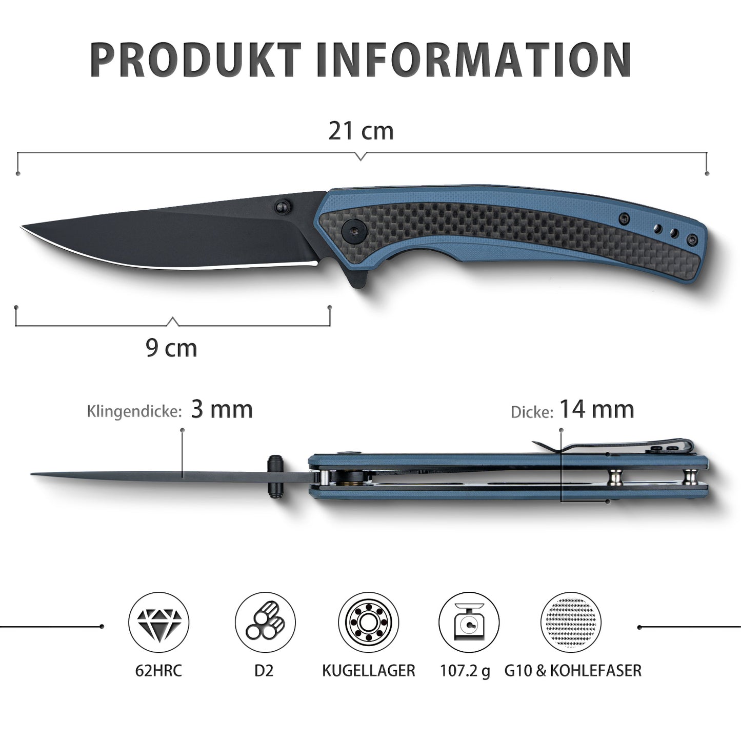 Nedfoss DOLPHIN Klappmesser, 9cm D2 Stahl Taschenmesser, scharf Klappmesser mit Kohlefaser Griff, Einhandmesser  mit Gürtelclip