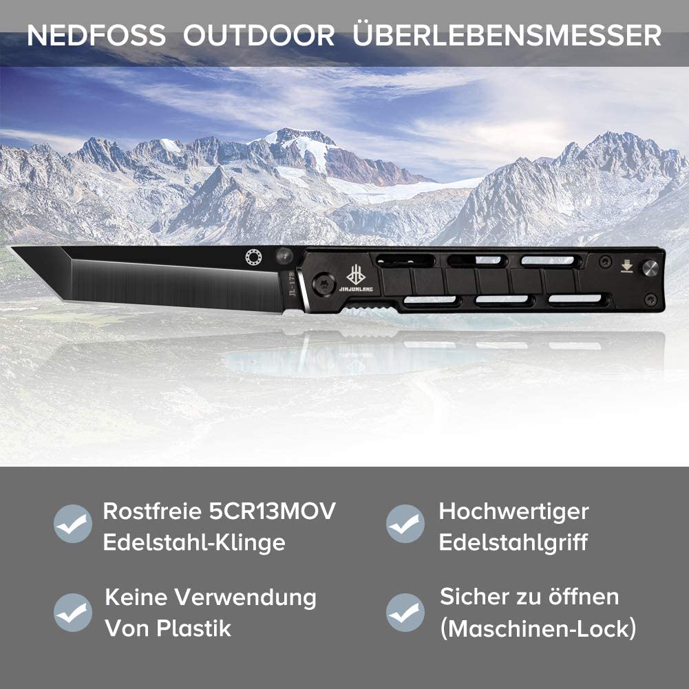 NedFoss  DG-BK Tanto Klappmesser Einhandmesser mit Schleuder Outdoor Messer EDC Messer Folder, 8,5 cm Klingenlänge (Schwarz)