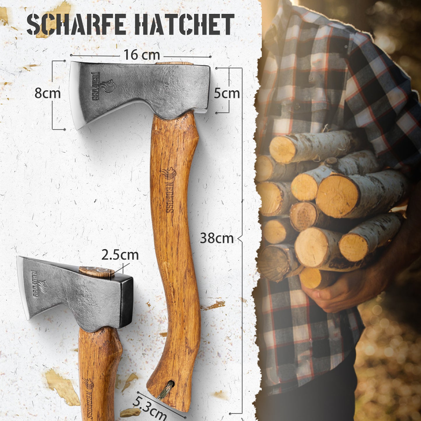 Nedfoss RF38 Axt, 38cm Camping Axt, Wikinger axt, Beil axt mit Holzgriff, Outdoor axt mit Scheide, bushcraft axt, spaltaxt, Hatchet, Scharfe Camping Axt, Universalaxt, Hochwertige Campingbeil für Garten&Outdoor