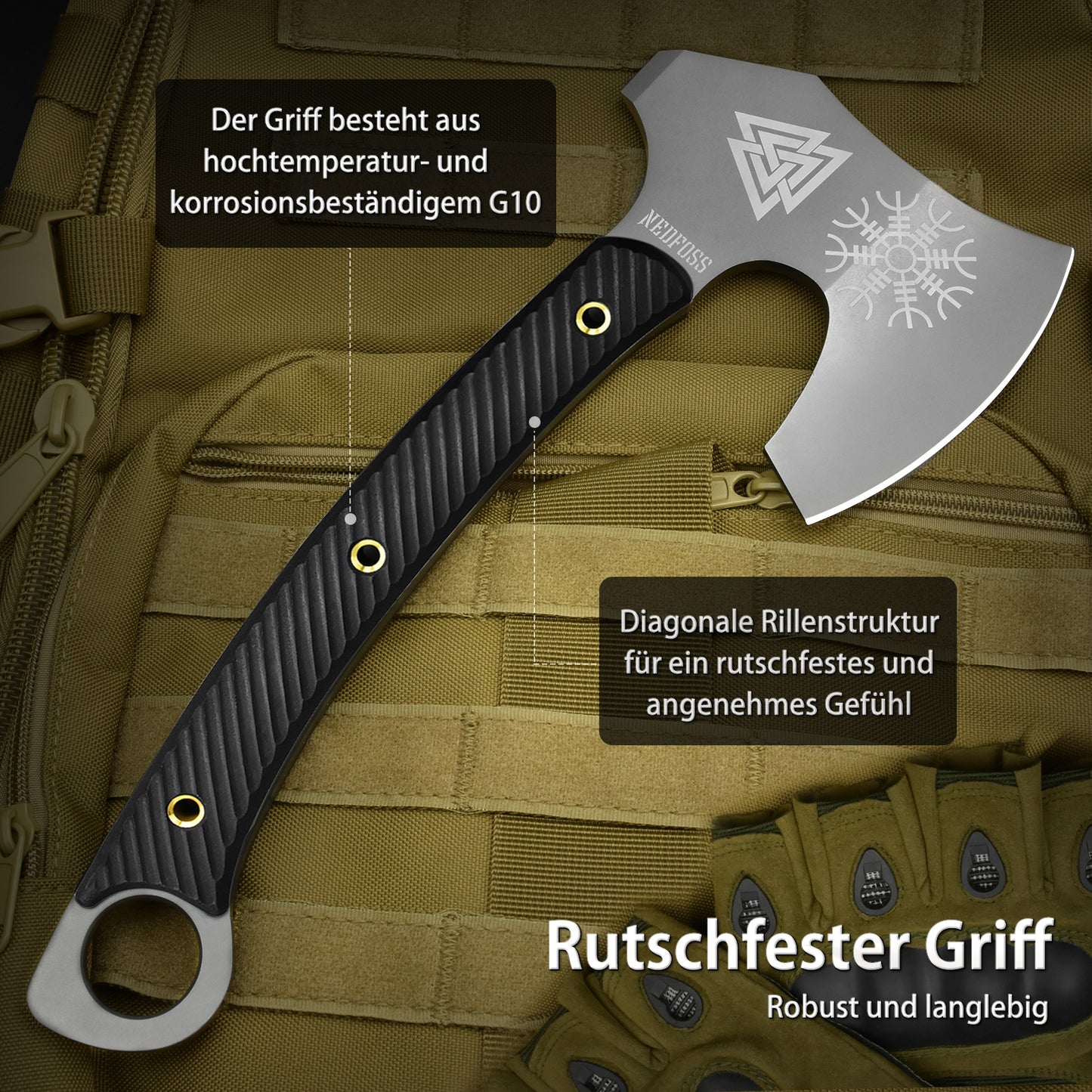 NedFoss VIKINGS Tomahawk, 31.5cm Full Tang Tactical Axt, Scharfe  Wikinger Axt mit G10 Griff, Tomahawk Axt, Kampfaxt, Taktische Axt, Camping Axt, Axt Survival, Streitaxt, Bartaxt, Axt Wikinger mit Scheide