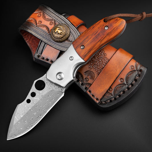 NedFoss PARROT Damast Taschenmesser, Damast Klappmesser, EDC Messer aus Damaststahl und Holzgriff, extra scharf