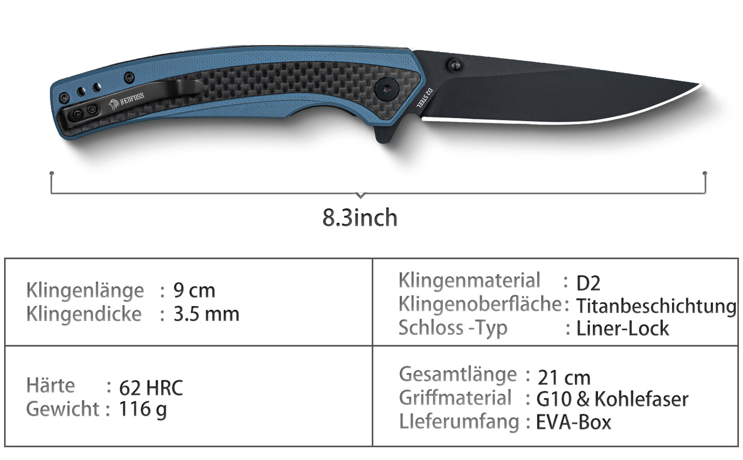 Nedfoss DOLPHIN Klappmesser, 9cm D2 Stahl Taschenmesser, scharf Klappmesser mit Kohlefaser Griff, Einhandmesser  mit Gürtelclip