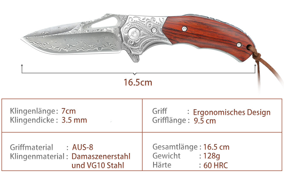 Nedfoss TIGER SHARK Damast Taschenmesser, Damast  Klappmesser mit Scheide, scharfes damast Einhandmesser mit Holzgriff, Vatertagsgeschenk