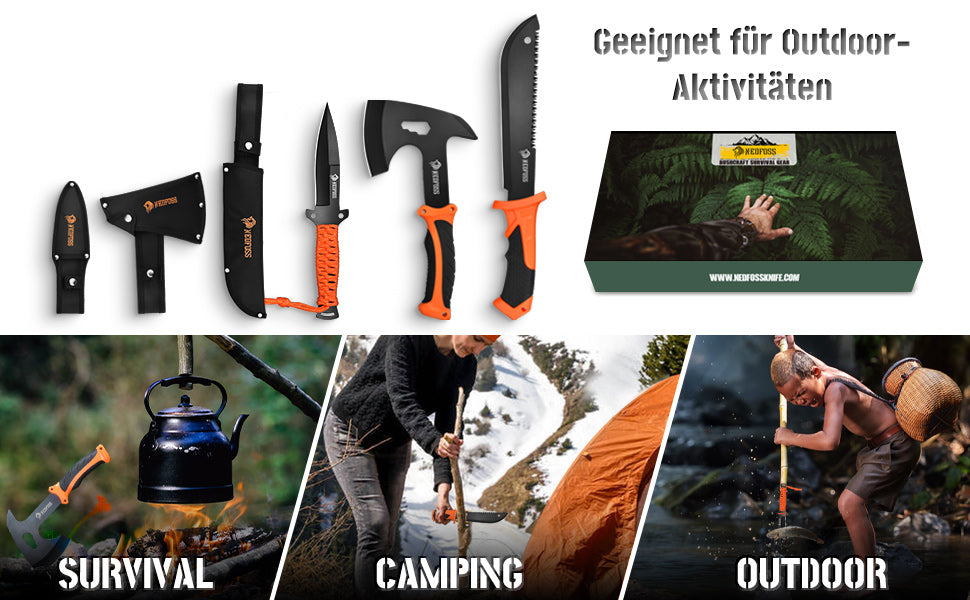 NedFoss JUNGLE AXES SET 3er Survival Outdoor Messer Set,  Camping Messer Set inkl. Camping Axt & Outdoor Messer & Gürtelmesser
