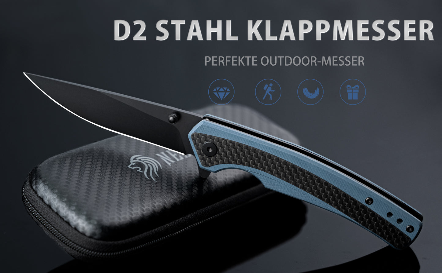 Nedfoss DOLPHIN Klappmesser, 9cm D2 Stahl Taschenmesser, scharf Klappmesser mit Kohlefaser Griff, Einhandmesser  mit Gürtelclip