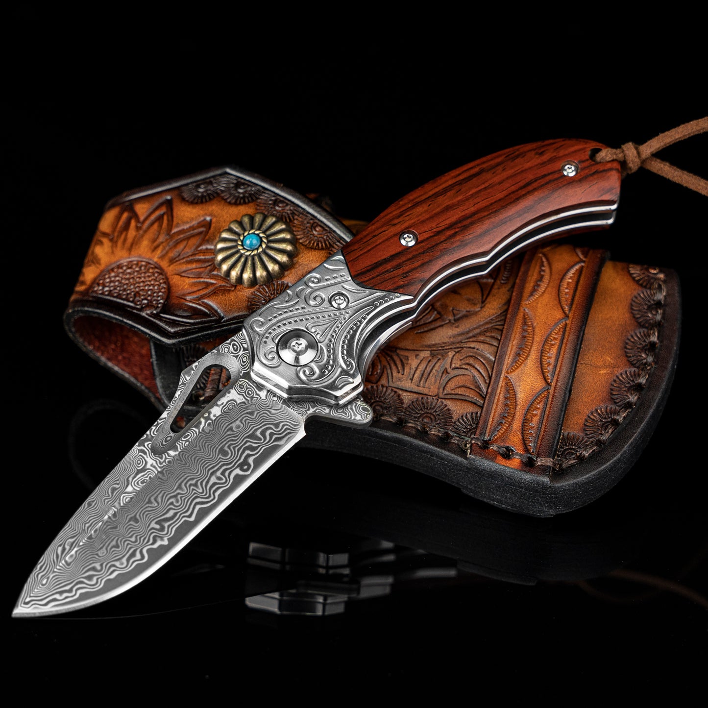 Nedfoss TIGER SHARK Damast Taschenmesser, Damast  Klappmesser mit Scheide, scharfes damast Einhandmesser mit Holzgriff, Vatertagsgeschenk