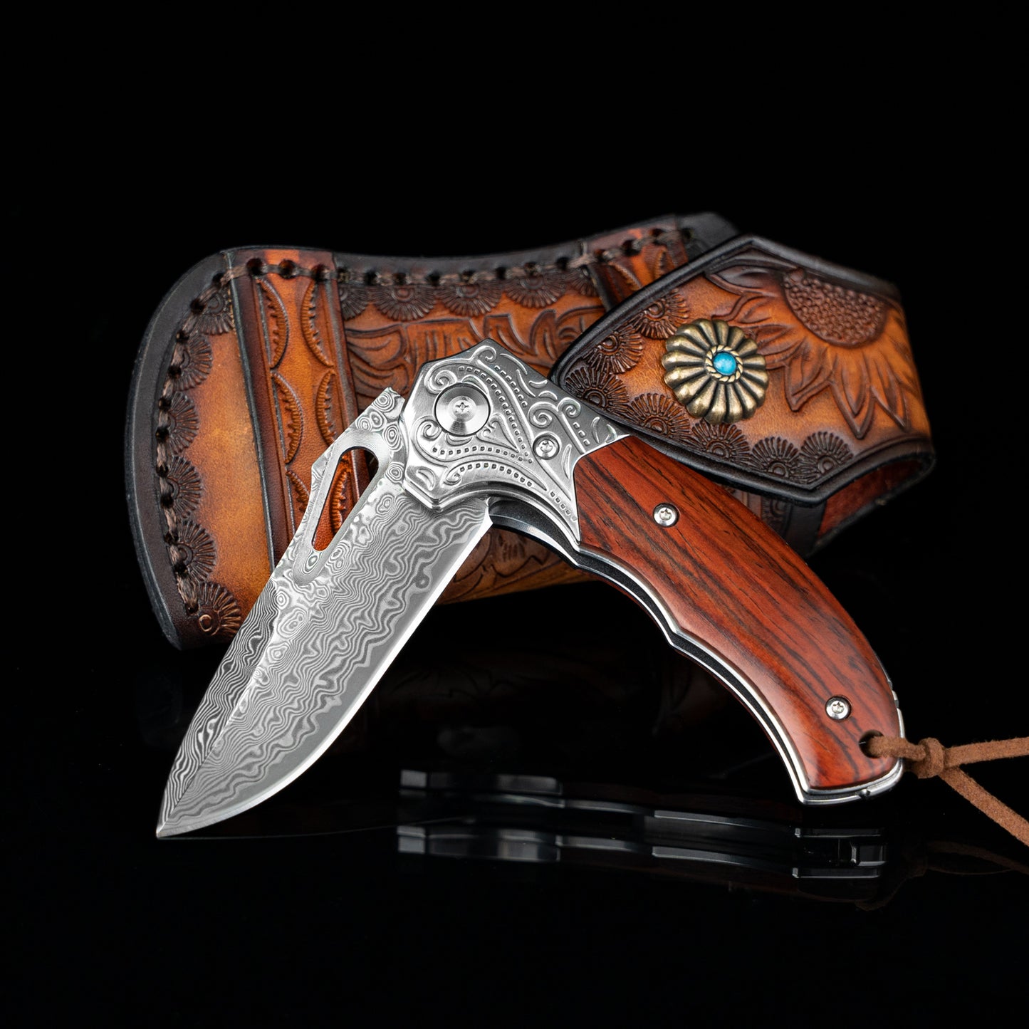 Nedfoss TIGER SHARK Damast Taschenmesser, Damast  Klappmesser mit Scheide, scharfes damast Einhandmesser mit Holzgriff, Vatertagsgeschenk