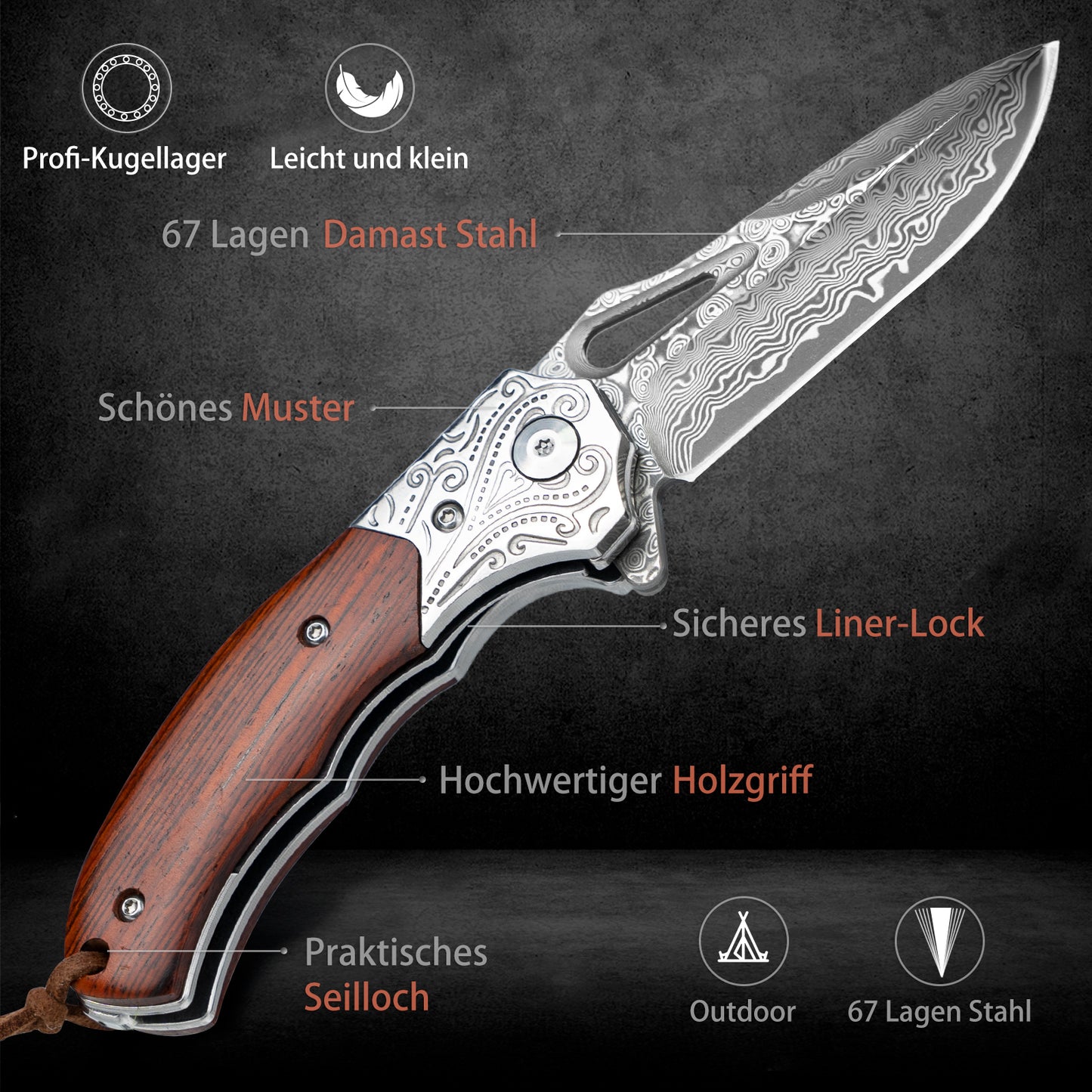 Nedfoss TIGER SHARK Damast Taschenmesser, Damast  Klappmesser mit Scheide, scharfes damast Einhandmesser mit Holzgriff, Vatertagsgeschenk