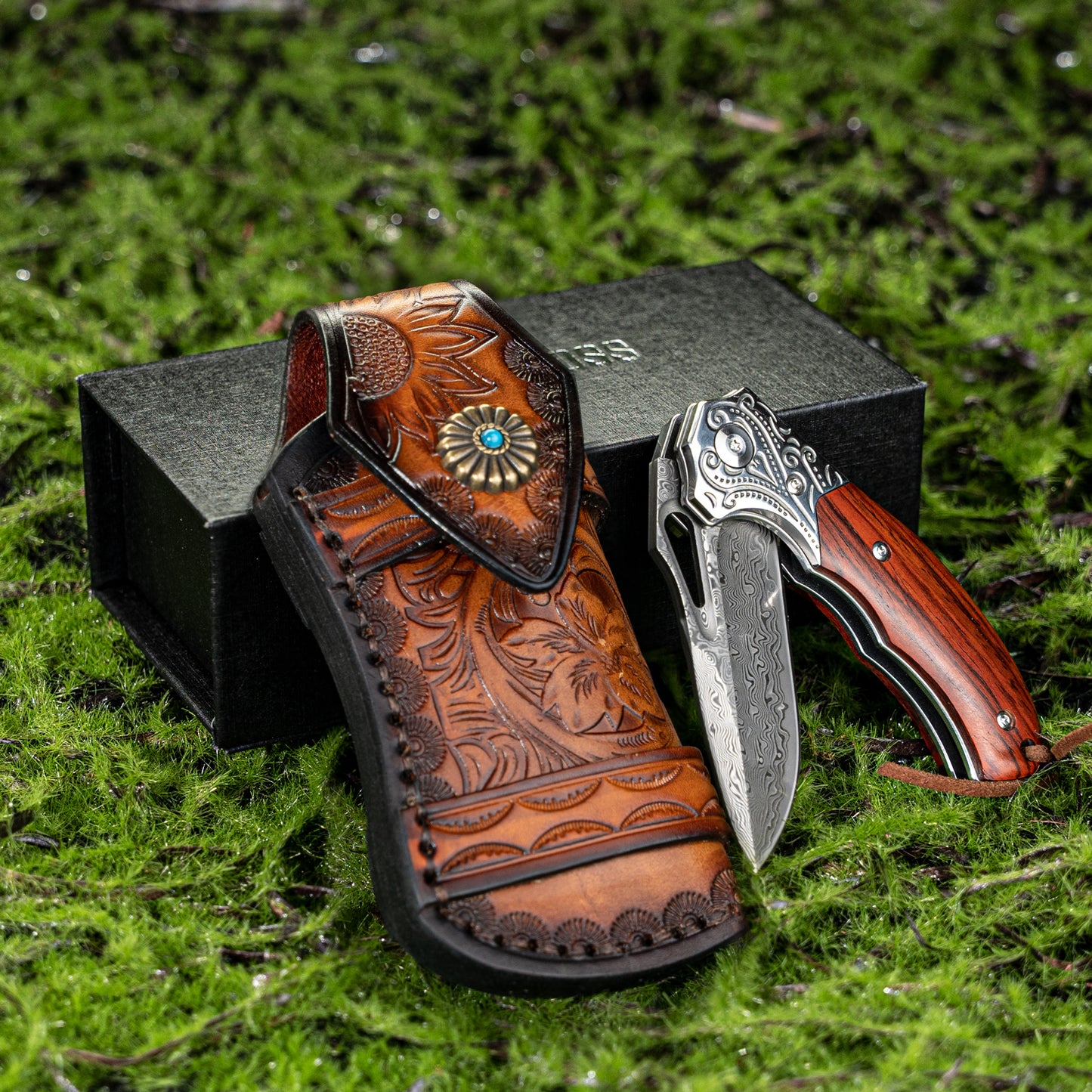 Nedfoss TIGER SHARK Damast Taschenmesser, Damast  Klappmesser mit Scheide, scharfes damast Einhandmesser mit Holzgriff, Vatertagsgeschenk
