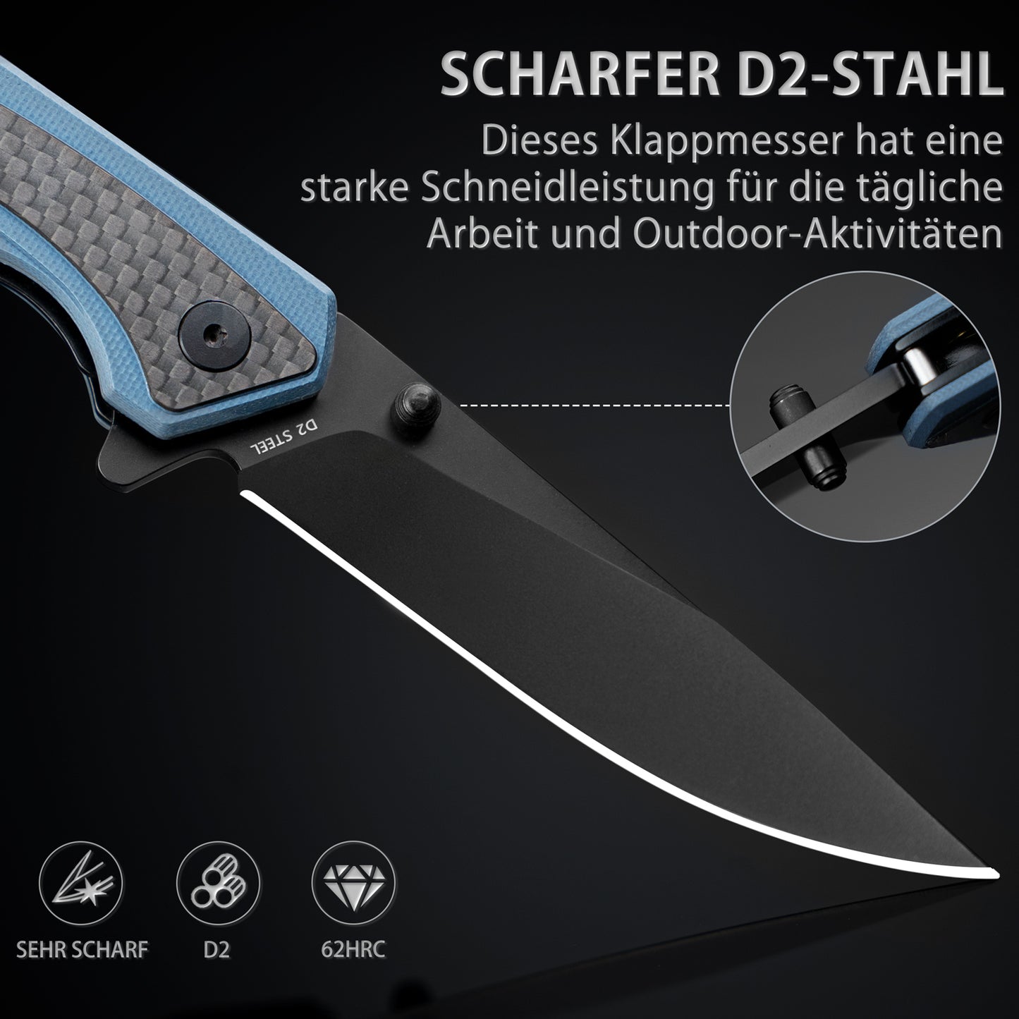 Nedfoss DOLPHIN Klappmesser, 9cm D2 Stahl Taschenmesser, scharf Klappmesser mit Kohlefaser Griff, Einhandmesser  mit Gürtelclip