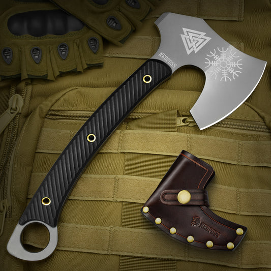 NedFoss VIKINGS Tomahawk, 31.5cm Full Tang Tactical Axt, Scharfe  Wikinger Axt mit G10 Griff, Tomahawk Axt, Kampfaxt, Taktische Axt, Camping Axt, Axt Survival, Streitaxt, Bartaxt, Axt Wikinger mit Scheide