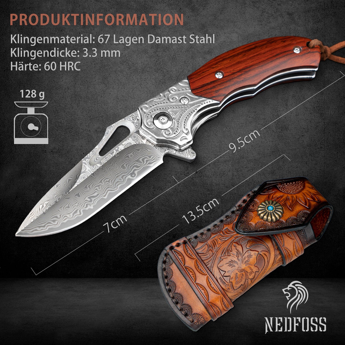 Nedfoss TIGER SHARK Damast Taschenmesser, Damast  Klappmesser mit Scheide, scharfes damast Einhandmesser mit Holzgriff, Vatertagsgeschenk