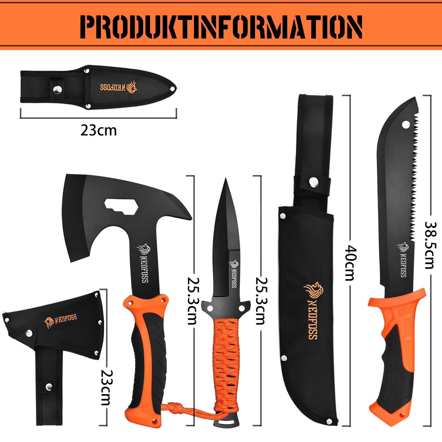 NedFoss JUNGLE AXES SET 3er Survival Outdoor Messer Set,  Camping Messer Set inkl. Camping Axt & Outdoor Messer & Gürtelmesser